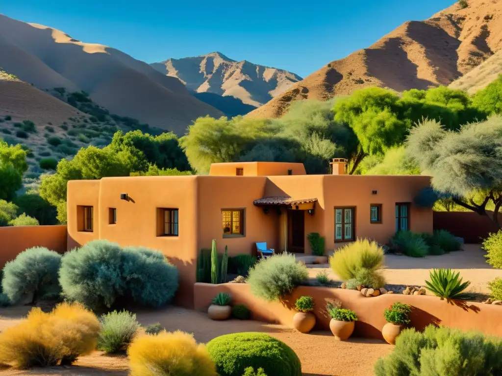 Imagen de una casa de adobe tradicional en un valle exuberante, bajo un cielo azul claro