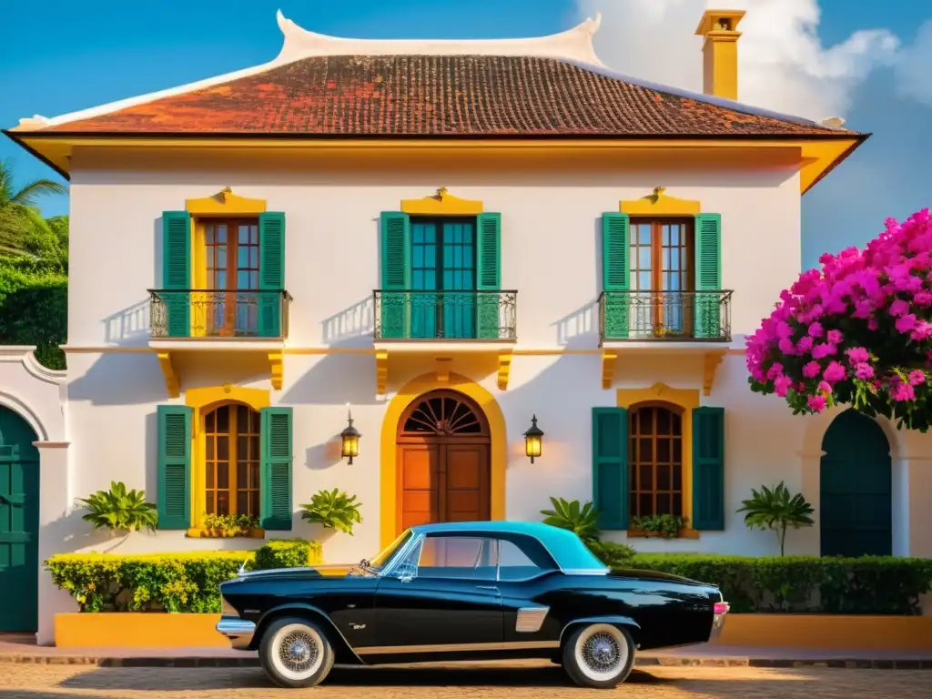 Imagen de una casa colonial restaurada con detalles de hierro forjado, bougainvillea vibrante y un coche vintage