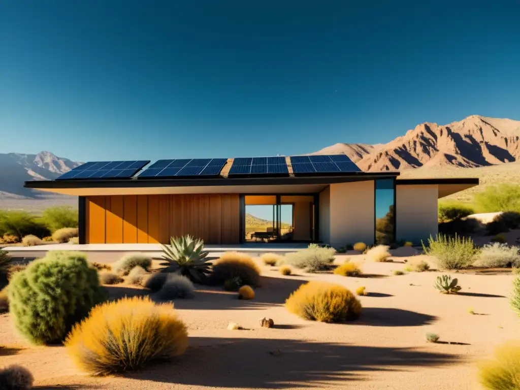 La imagen muestra una casa en el desierto con paneles solares integrados, destacando la adaptación arquitectónica para la energía solar