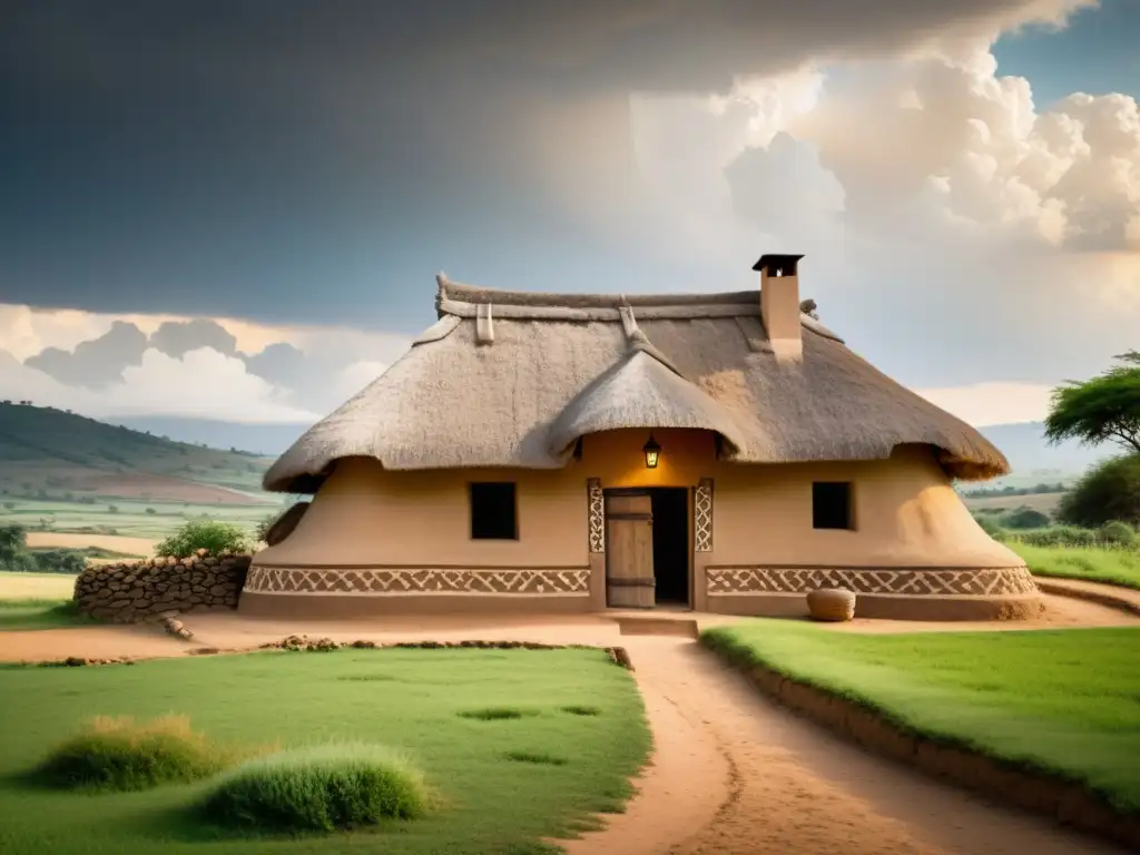 Imagen de una casa enterrada con aislamiento térmico natural, construida con paredes de adobe y techo de paja, en un entorno campestre sereno y cálido