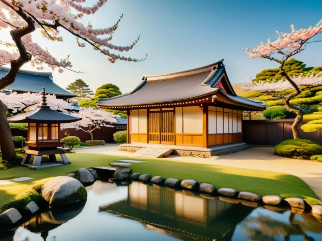 Imagen de casa japonesa tradicional entre cerezos en flor, reflejando la influencia arquitectura tradicional japonesa