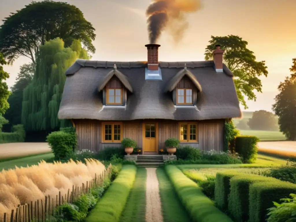 Imagen de una casa de madera histórica con calefacción sostenible de biomasa en un entorno campestre nostálgico