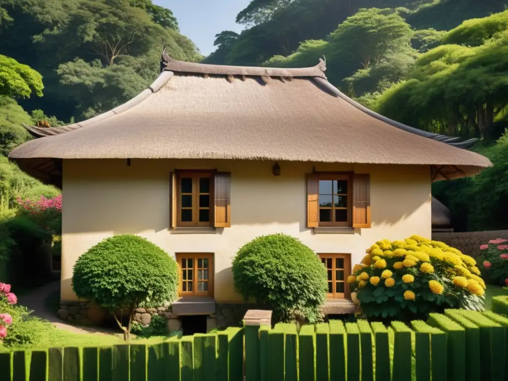 Imagen de una casa vernácula sostenible integrada en la naturaleza, con detalles de madera y techo de paja, rodeada de flores y árboles