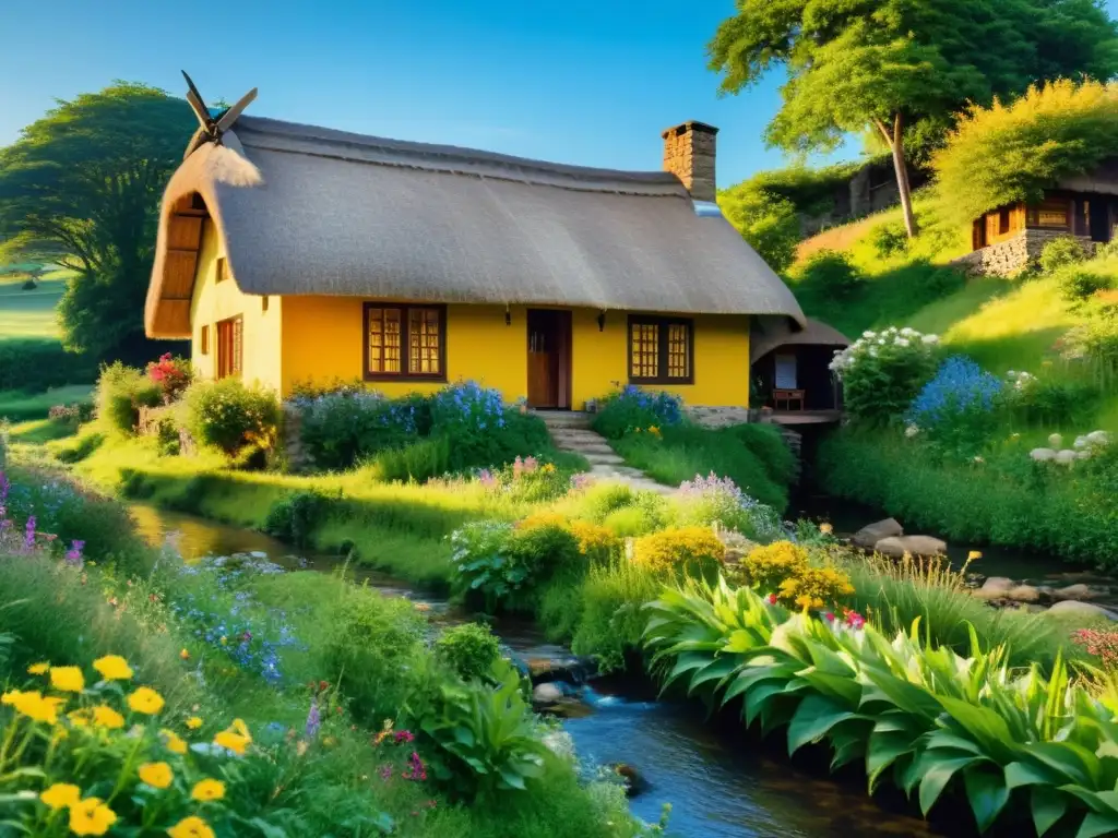 Imagen de una casa vernácula sostenible en un paisaje exuberante y soleado, con techo de paja y vigas de madera