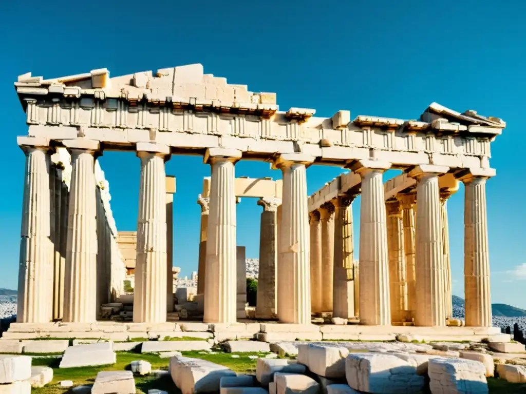 Imagen comparativa de estilos de templos griegos y romanos con el detallado Partenón en Atenas, resplandeciendo bajo el sol y el cielo azul