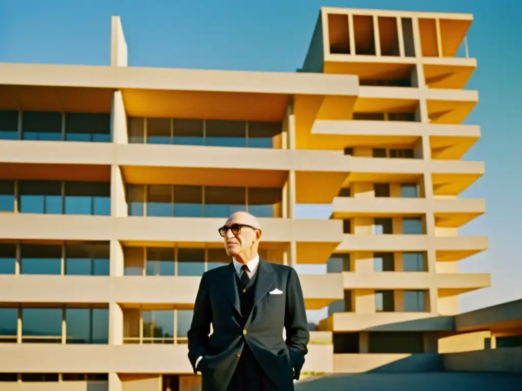 La imagen muestra a Le Corbusier junto a una de sus icónicas creaciones urbanísticas, con el sol poniéndose detrás del edificio