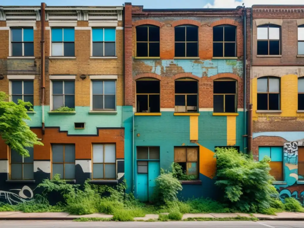 Imagen detallada 8k de un barrio urbano antiguo y descuidado con edificios en ruinas, vegetación exuberante y paredes cubiertas de grafitis