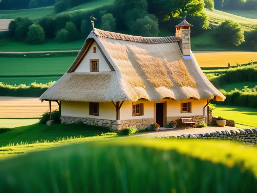 Imagen detallada de una casa campesina medieval, con techo de paja y paredes de piedra, en un entorno campestre