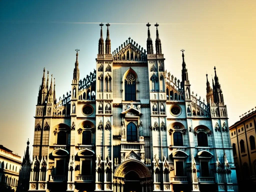 Imagen detallada de la fachada de la Catedral de Milán, evocando la historia y grandeza de las catedrales góticas en Europa