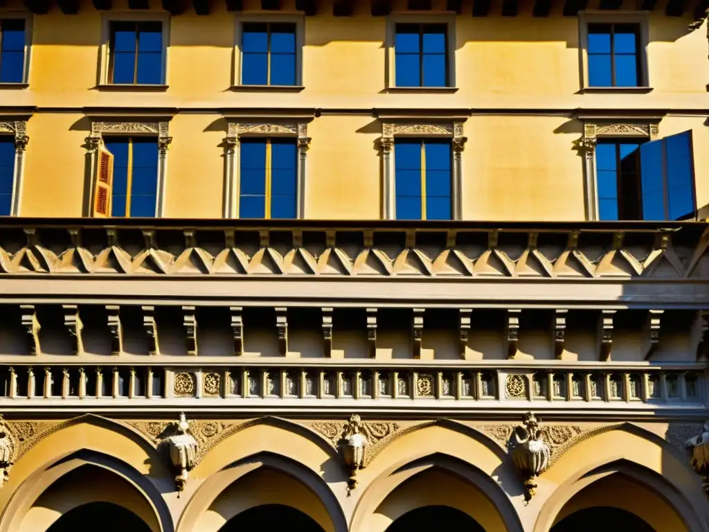 Imagen de la detallada fachada del Palazzo Vecchio en Florencia, Italia, destacando la arquitectura renacentista y la luz dorada