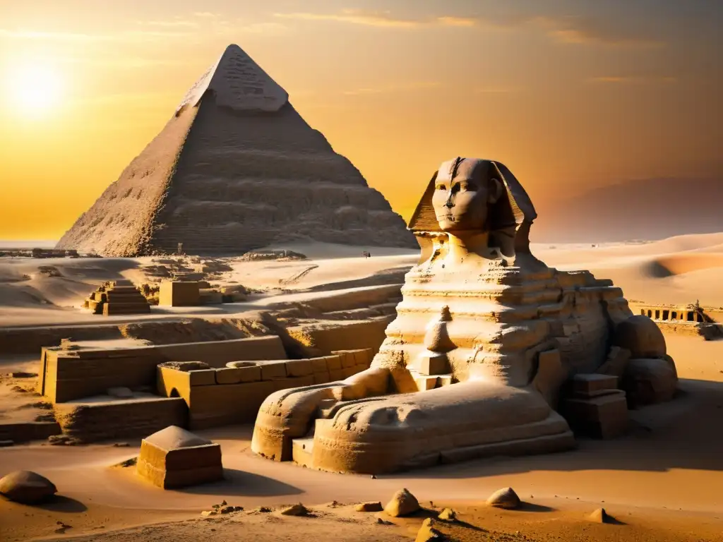 Imagen 8k detallada de la Gran Esfinge de Giza al atardecer, mostrando su significado espiritual en la arquitectura egipcia