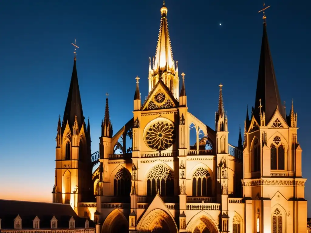 Imagen detallada de una majestuosa catedral gótica iluminada por faroles vintage, con un contraste entre arquitectura antigua y tecnología moderna