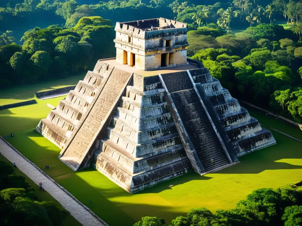 Imagen detallada de la majestuosa pirámide de El Castillo en Chichén Itzá, resaltando su arquitectura y la exuberante vegetación alrededor