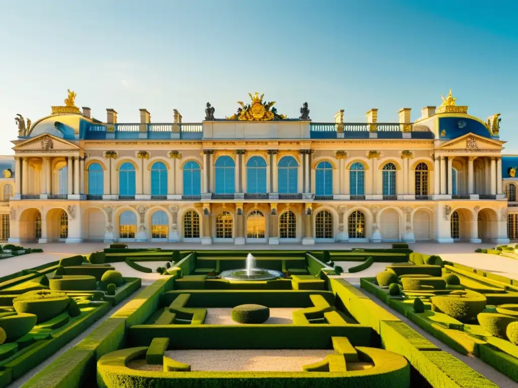 Imagen detallada en 8k del majestuoso Palacio de Versalles, con arquitectura antigua y jardines exuberantes