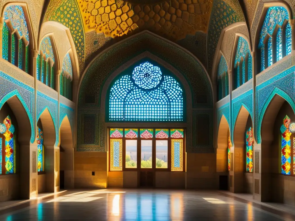 Una imagen detallada de la ornamentada arquitectura persa en la mezquita Nasir al-Mulk en Shiraz, Irán