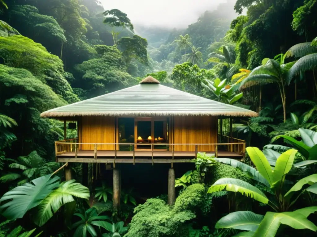 Imagen de un ecolodge integrado en la exuberante selva, mostrando armonía y sostenibilidad