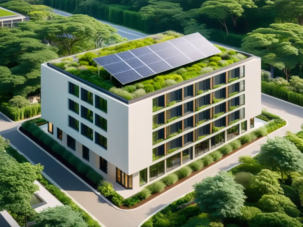 Imagen 8k de edificio LEED con arquitectura sostenible, naturaleza y tecnologías verdes, influencia mundial