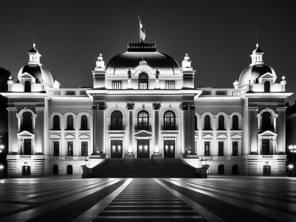 Imagen de edificio histórico iluminado de noche, destacando la evolución de la iluminación arquitectónica histórica con elegancia atemporal