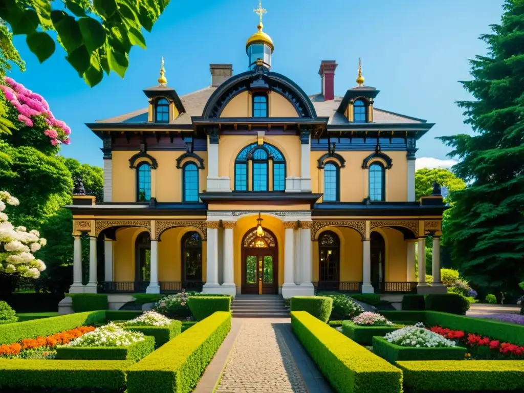 Imagen de un edificio histórico victoriano con jardines exuberantes y detalles ornamentales