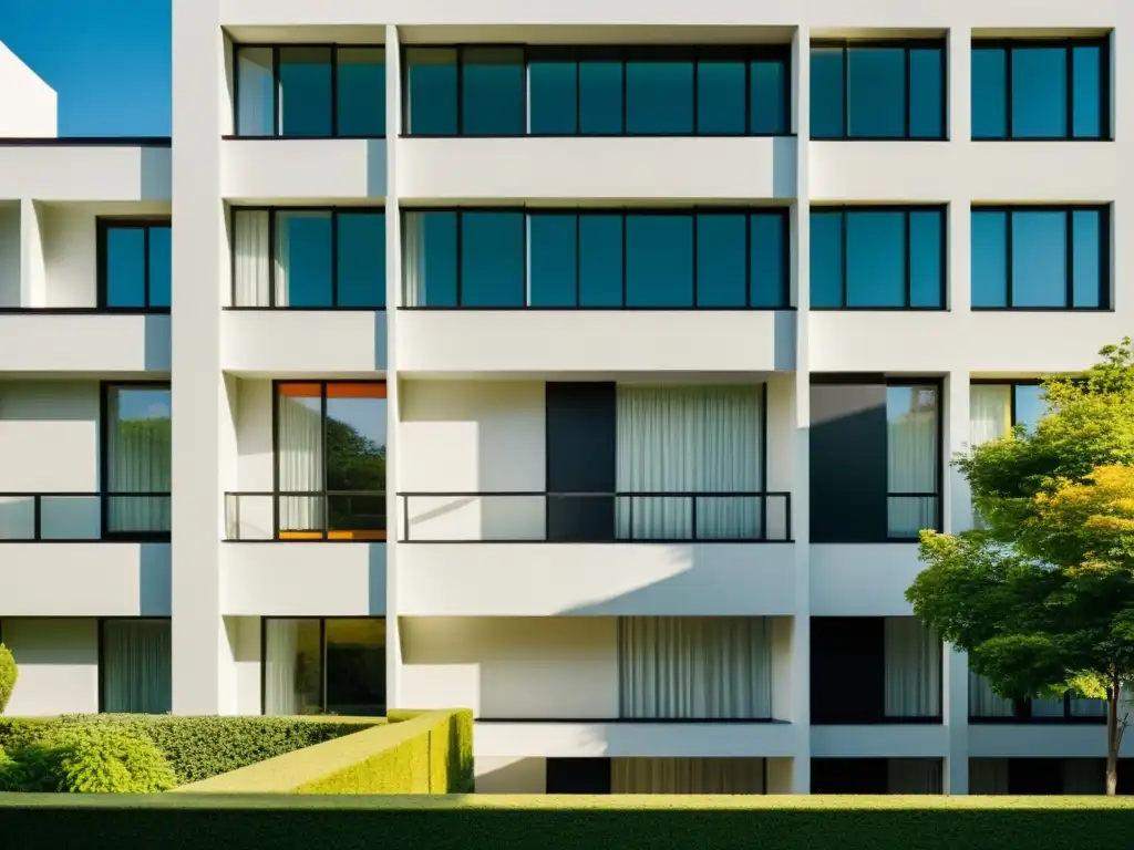 Imagen de un edificio residencial inspirado en la Bauhaus, con líneas limpias, formas geométricas y una paleta de colores minimalista