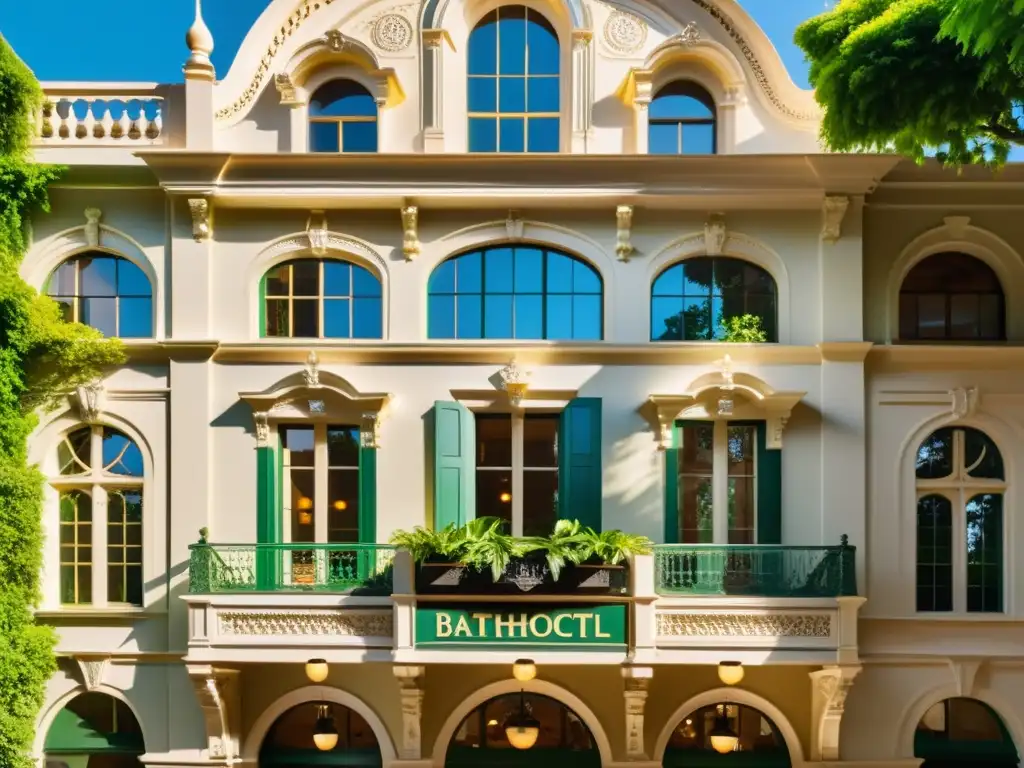 Imagen de un edificio vintage restaurado con detalles arquitectónicos, rodeado de vegetación y bañado por la cálido sol