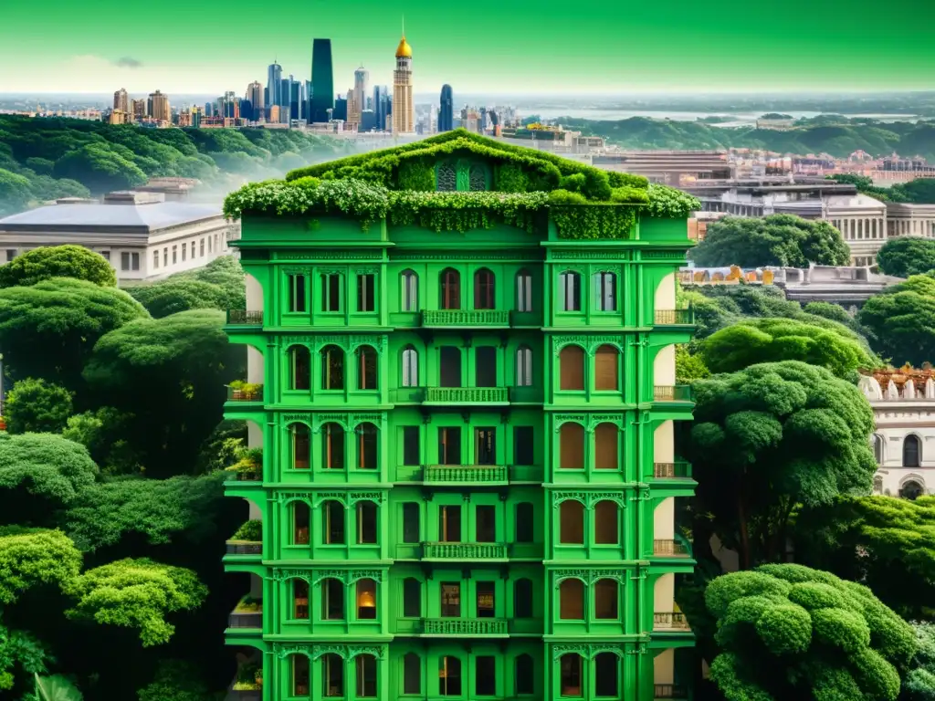 Imagen en 8k de un edificio vintage verde rodeado de la ciudad, con vegetación exuberante y arquitectura detallada