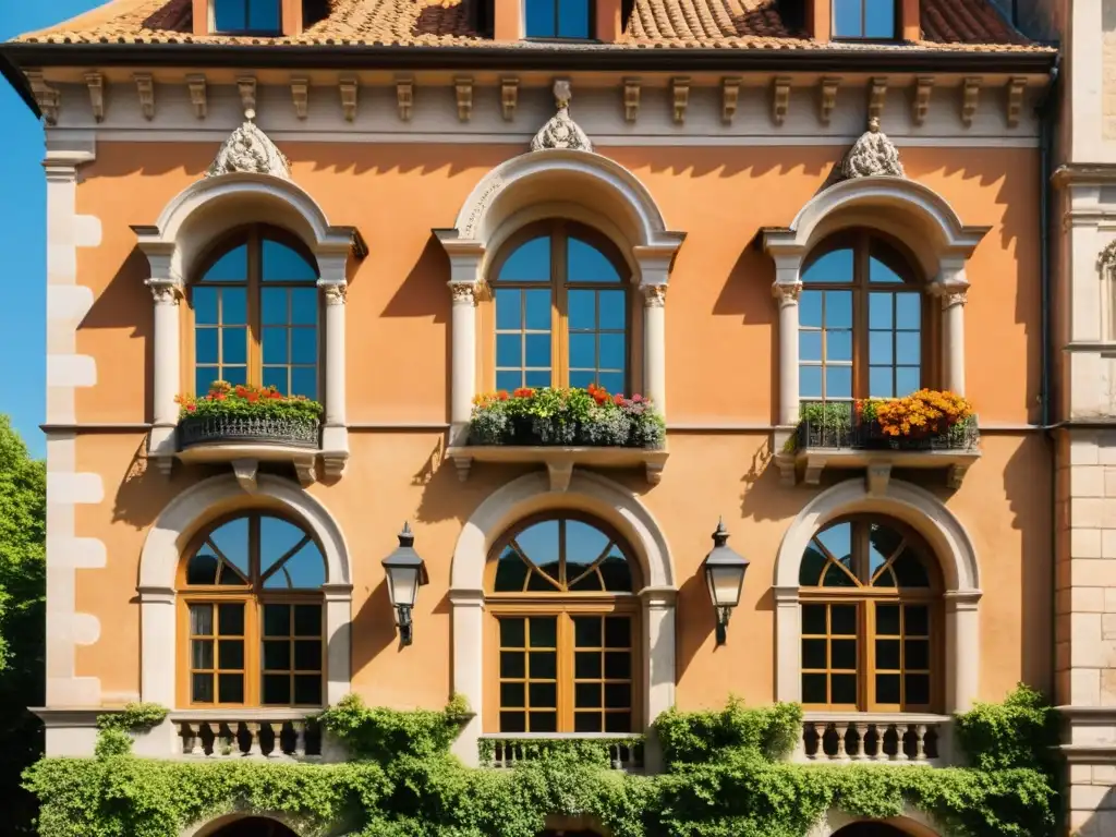 Imagen de conservación de edificios del primer renacimiento con detalles arquitectónicos, rodeada de exuberante vegetación y luz cálida