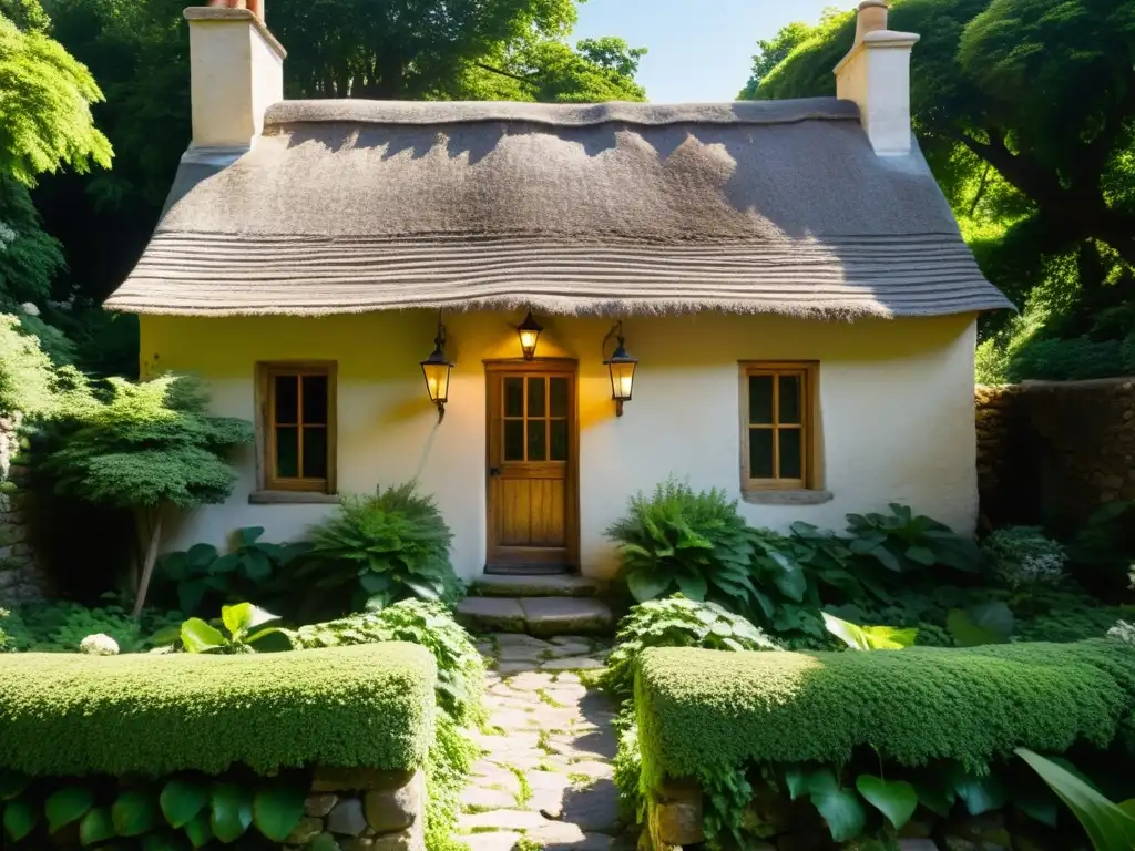 Imagen de un encantador y rústico cottage rodeado de exuberante jardín y vistas a colinas y lago, ideal para comprar casa estilo rústico histórica