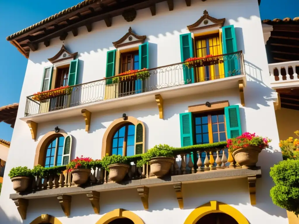 Imagen de la encantadora arquitectura de la Posada Mirador Guadalupe, con detalles vintage, balcones de hierro forjado y enredaderas coloridas