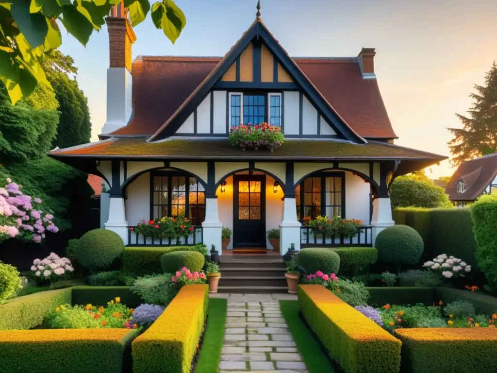 Imagen de una encantadora casa Tudor de estilo vintage con jardín cuidado y luz cálida del atardecer