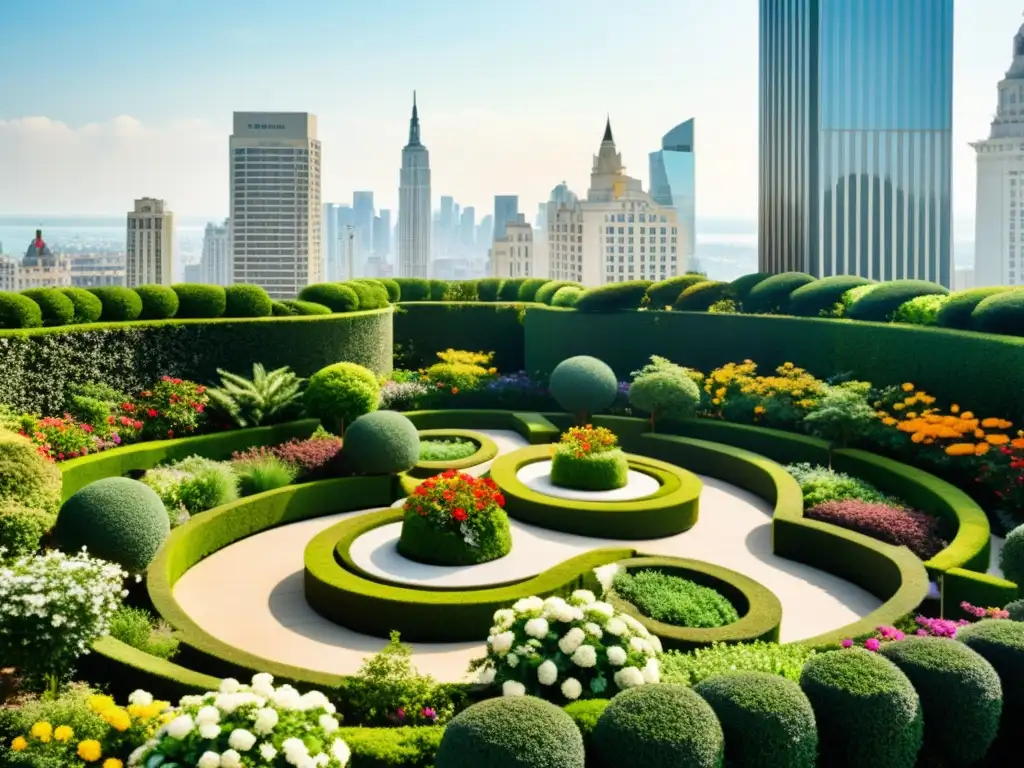 Imagen de un exuberante jardín en la azotea de un rascacielos, un oasis en el cielo que refleja la tendencia de jardines y parques en edificios altos