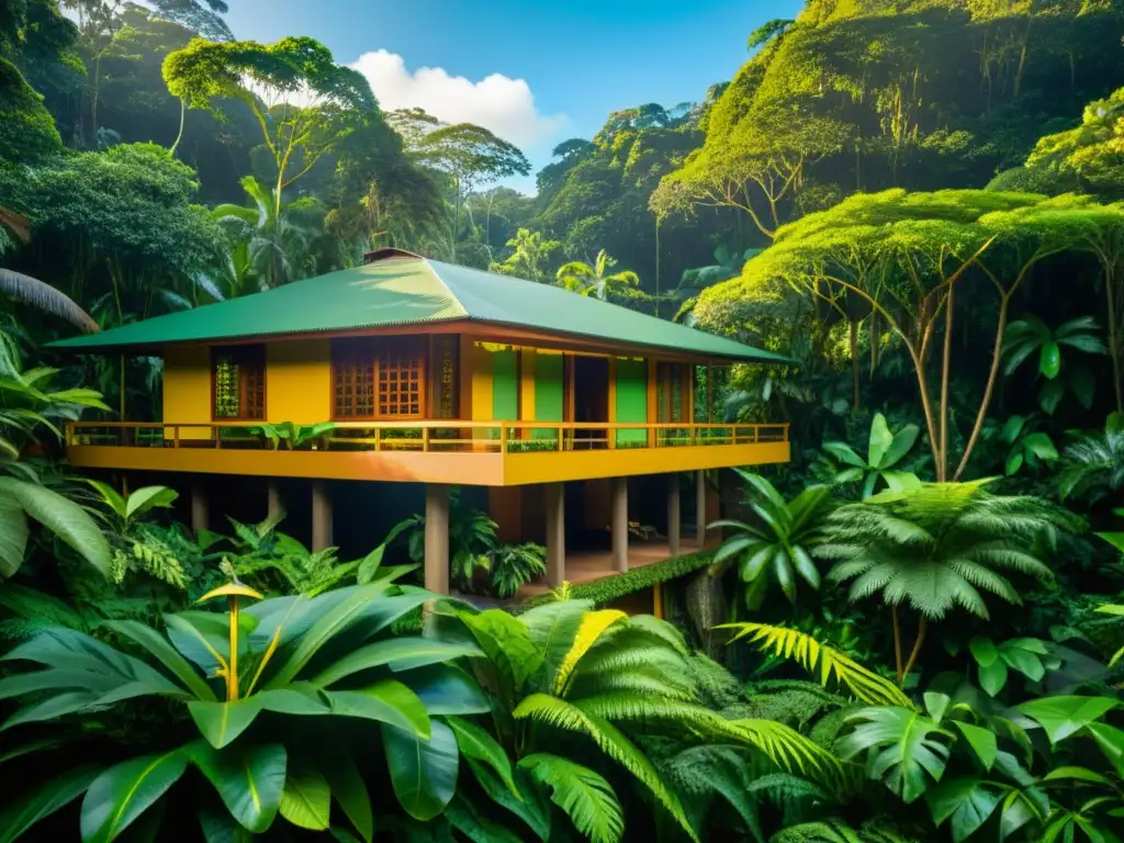 Imagen de un exuberante bosque tropical con integración de arquitectura sostenible en el ecosistema, lleno de plantas y árboles tropicales