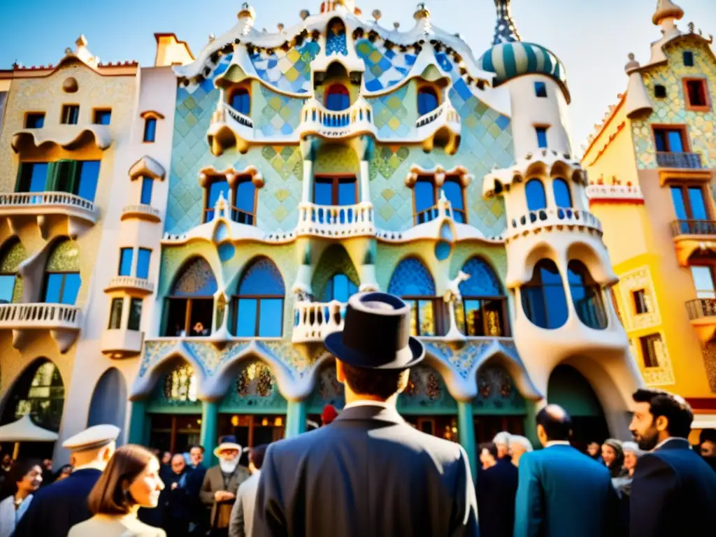 Imagen de Antoni Gaudí frente a Casa Batlló, con admiradores y detalles arquitectónicos, evocando la experiencia arquitectónica hotel Casa Batlló