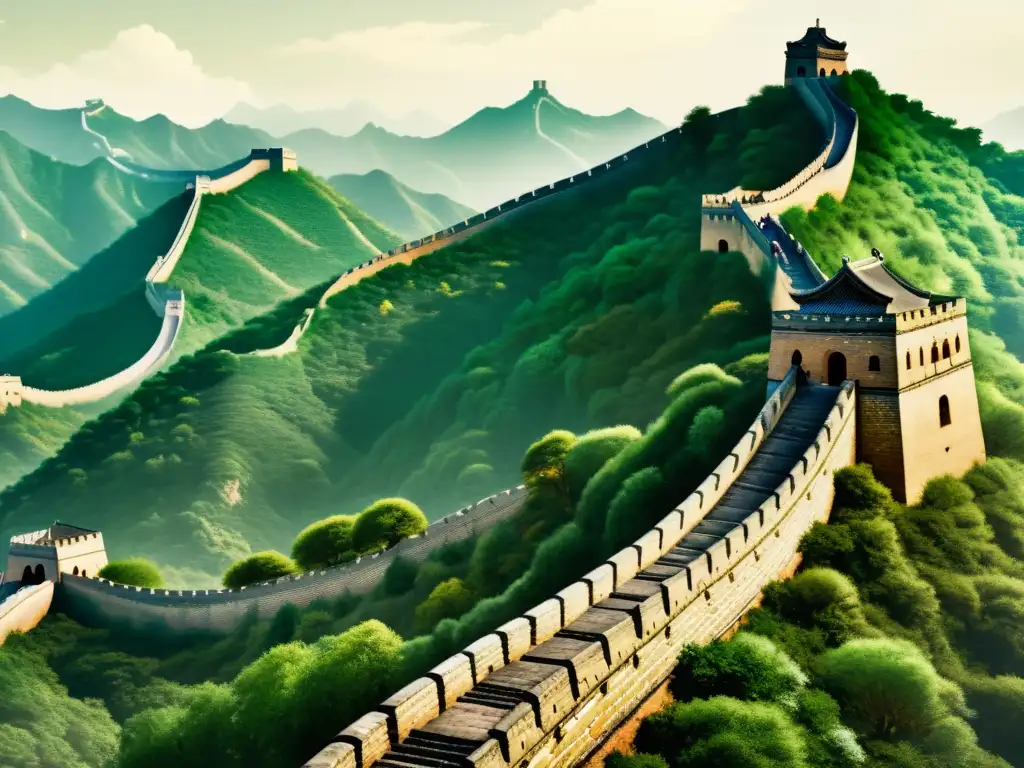 Imagen de la Gran Muralla China, majestuosa arquitectura militar antigua serpenteando entre montañas, con soldados chinos patrullando