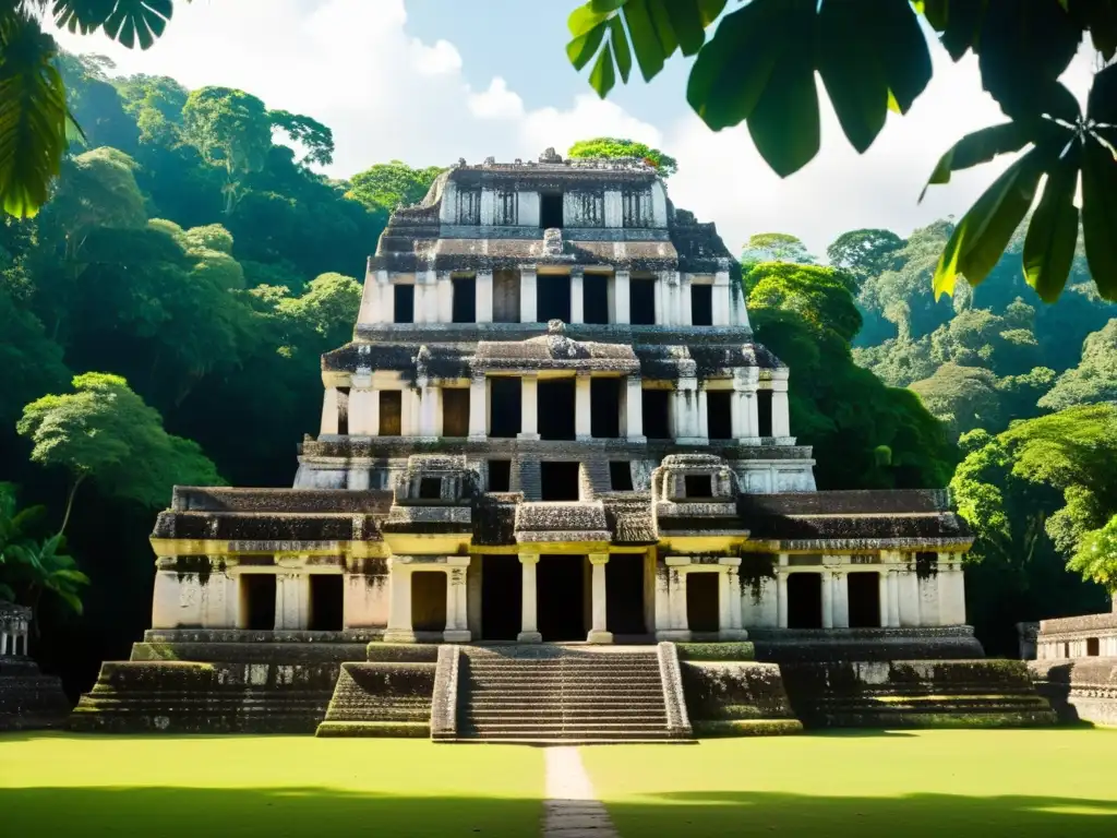 Imagen de la grandiosa arquitectura Maya recintos gubernamentales en el Palacio de Palenque, con detalles intrincados y dramáticas sombras bajo la luz solar en la selva tropical