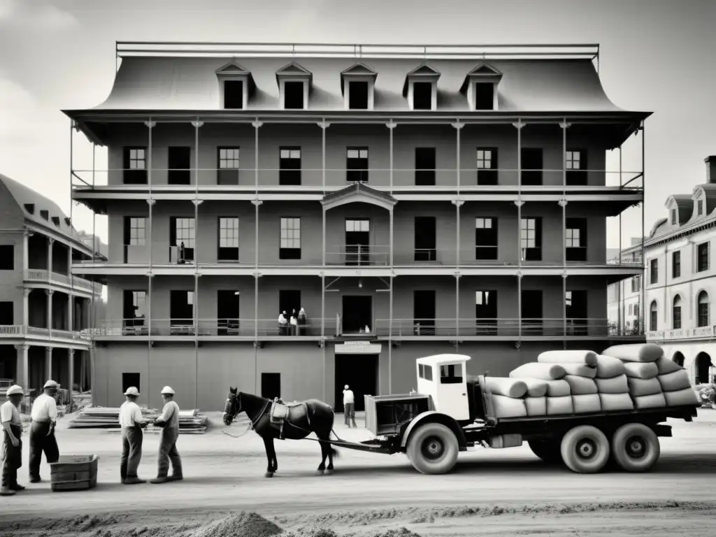 Construcción tradicional de edificio histórico: artesanía y tradición Imagen histórica de construcción sostenible con trabajadores usando técnicas tradicionales y certificación BREEAM en construcción sostenible