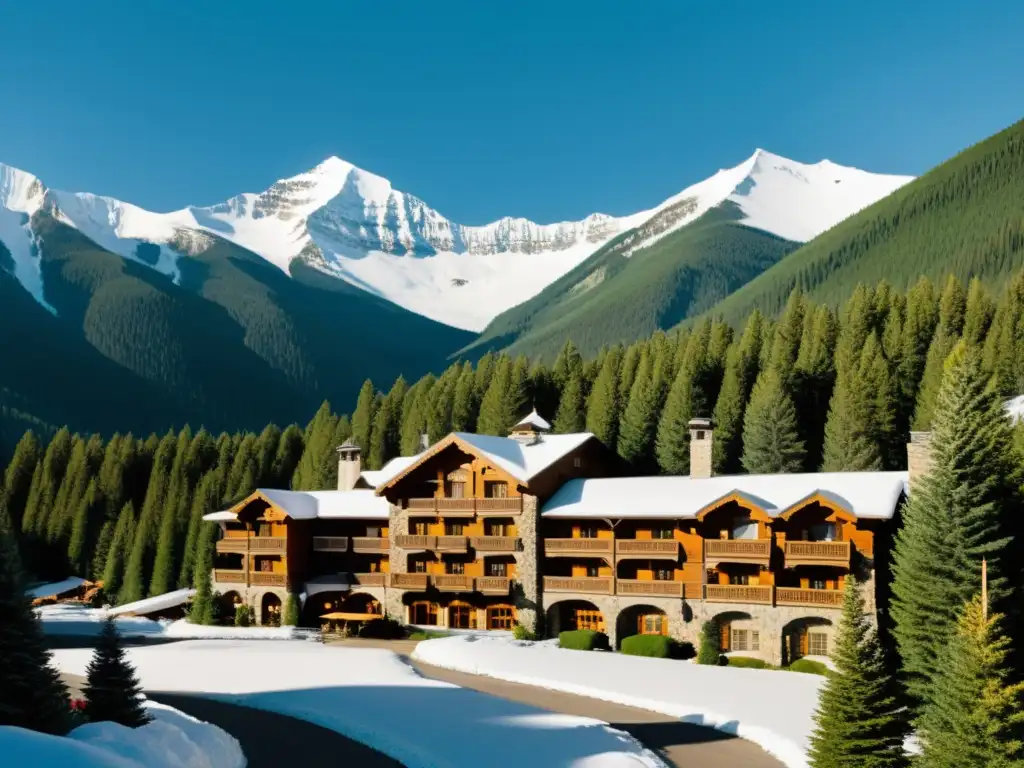 Imagen de un hotel de montaña vintage entre picos nevados y pinos, con una arquitectura encantadora de madera y piedra