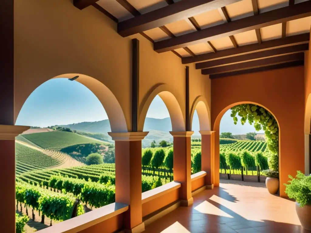 Imagen de un hotel vintage entre viñedos, bañado por la cálida luz del sol, destacando la arquitectura del vino en hoteles