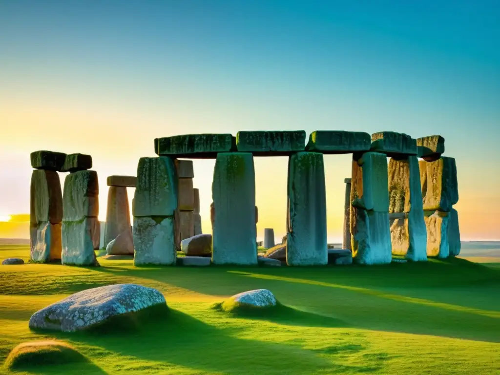 Imagen del icónico monumento megalítico Stonehenge al atardecer, con sus piedras antiguas proyectando sombras largas