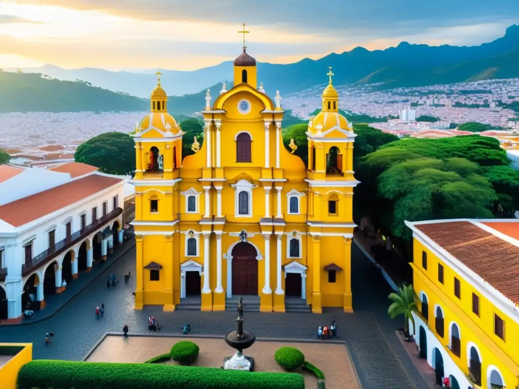 Imagen 8k de una iglesia colonial en América Latina con arquitectura barroca, adornos y jardines exuberantes