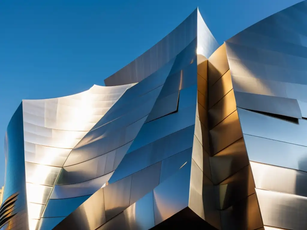 Imagen impactante del icónico Walt Disney Concert Hall en Los Ángeles, destacando su diseño deconstructivista en la arquitectura contemporánea