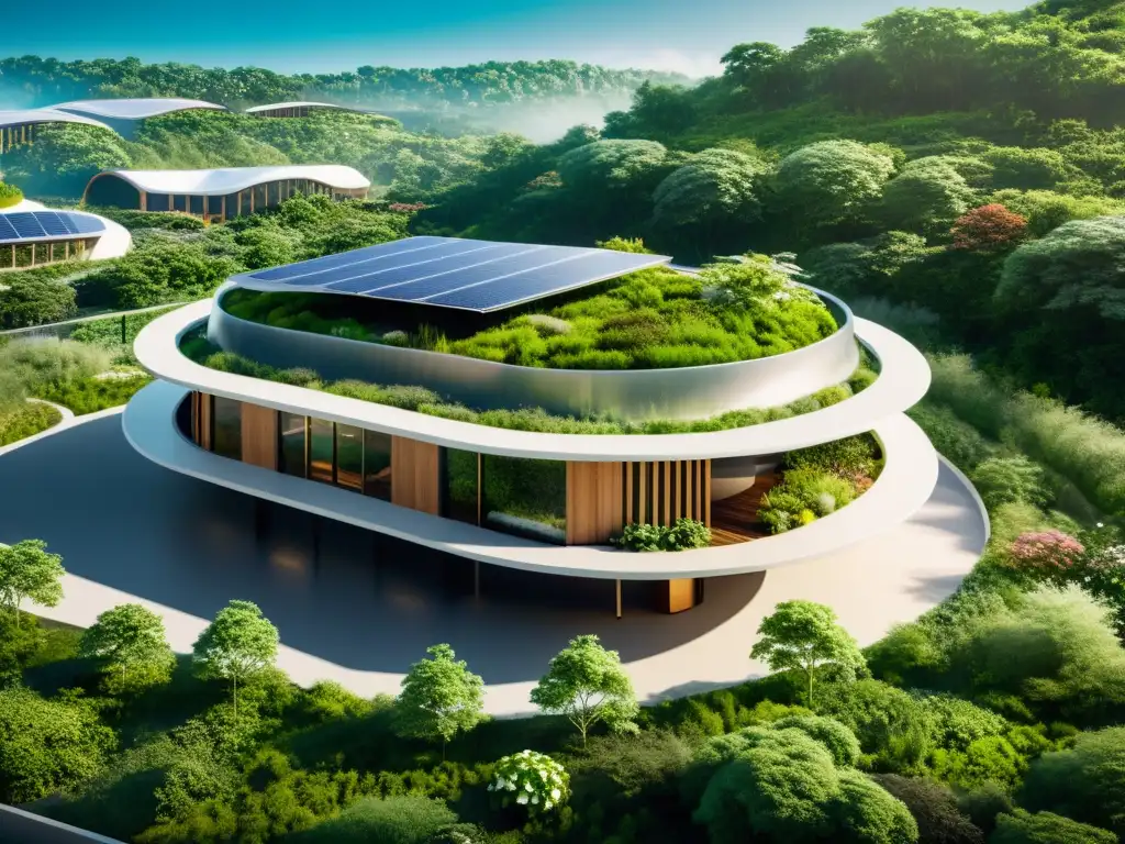 Imagen impactante de arquitectura sostenible futurista rodeada de exuberante vegetación y fuentes de energía renovable integradas