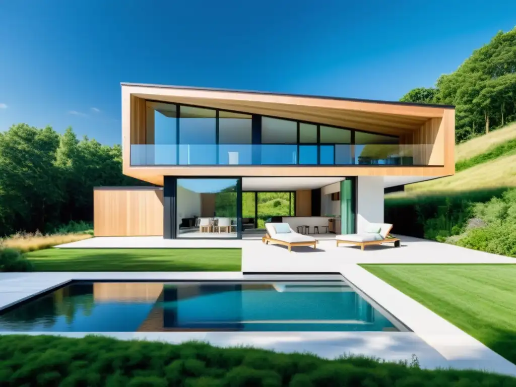 Imagen impactante de una casa pasiva moderna en un entorno natural exuberante, arquitectura sostenible moderna casas pasivas