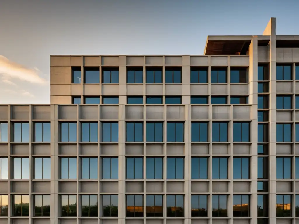 Imagen impactante de edificio urbano moderno en concreto, resalta contraste con entorno natural