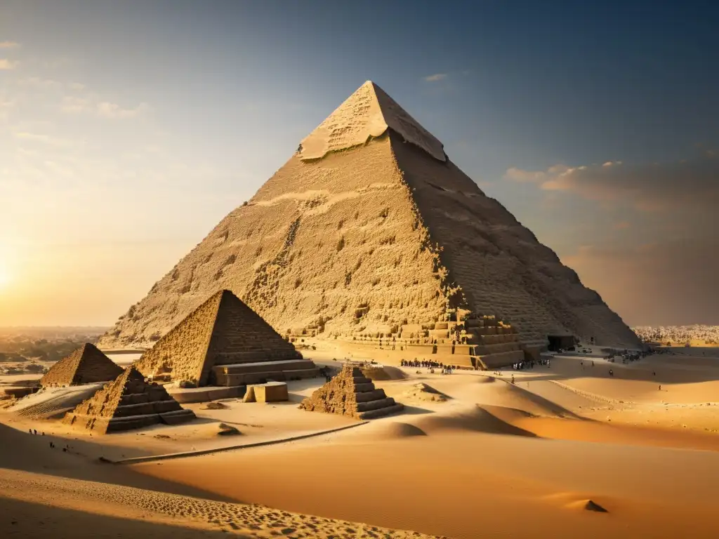 Imagen impactante de la Gran Pirámide de Giza, destacando sus proporciones en la arquitectura egipcia y su impresionante escala y precisión geométrica