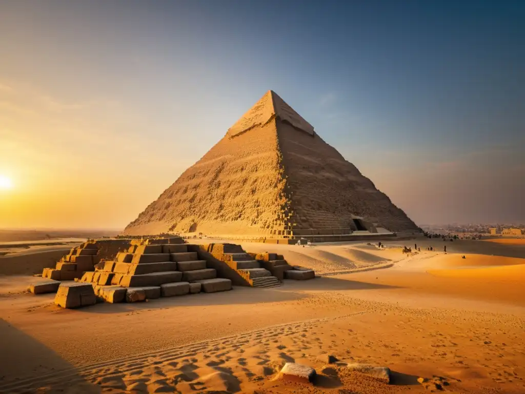 Imagen impactante de la Gran Pirámide de Giza al atardecer, con la luz dorada proyectando sombras dramáticas