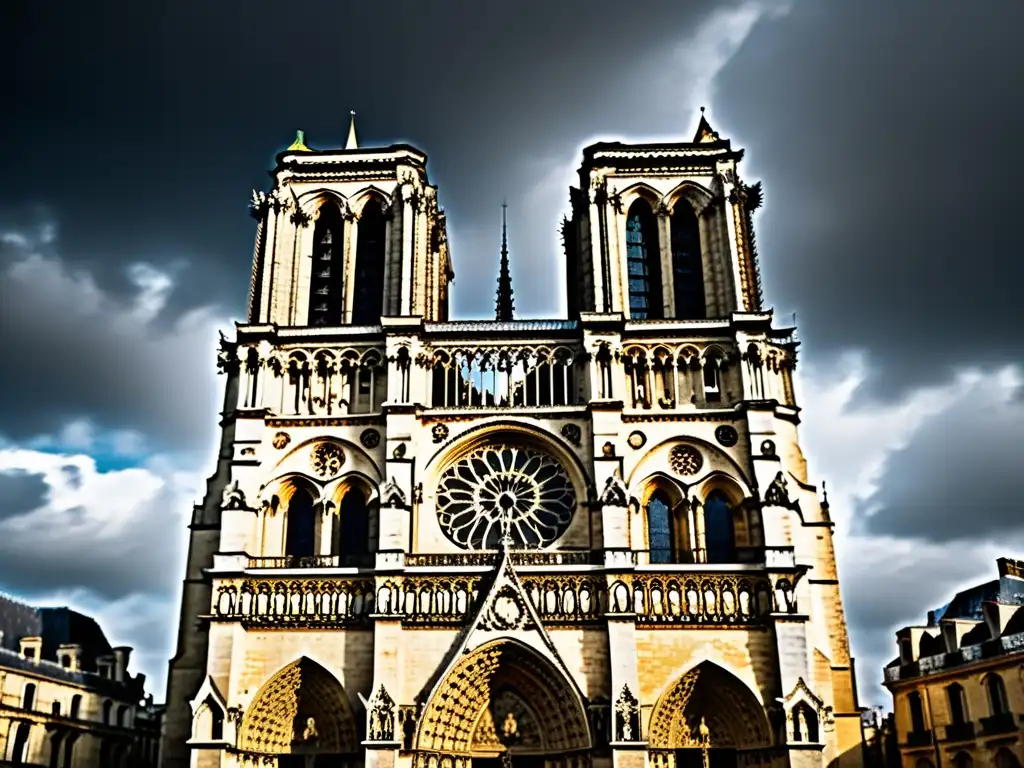 Imagen impactante de la majestuosa fachada de la Catedral de Notre Dame en París, destacando su arquitectura gótica y su valor histórico