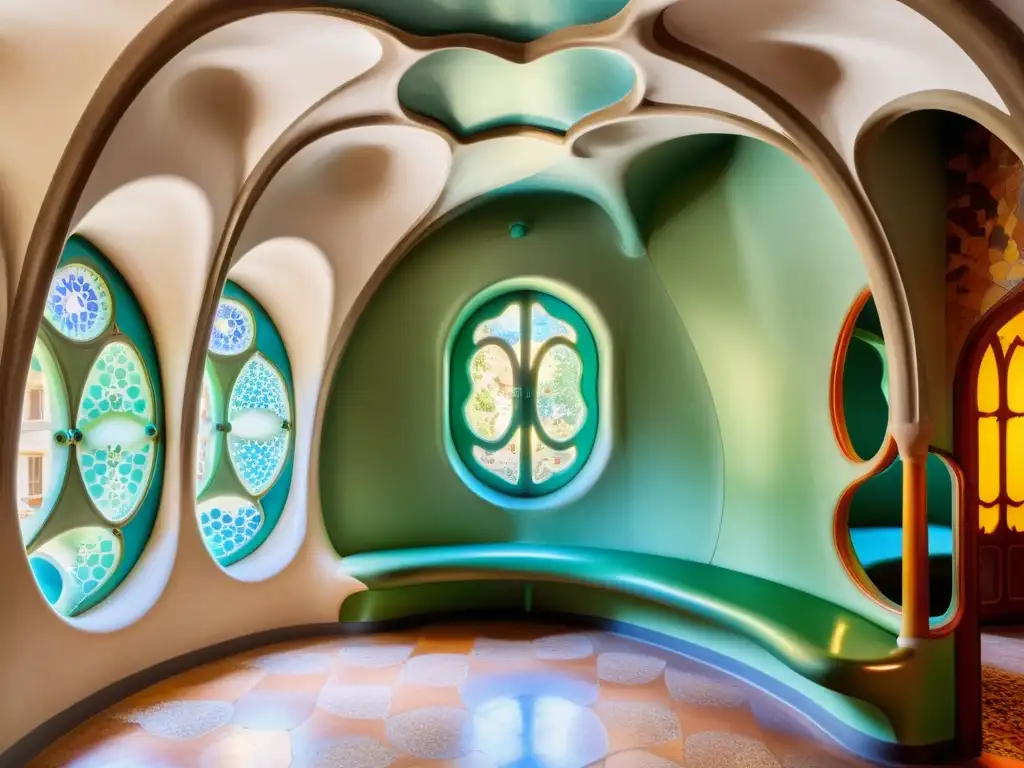 Imagen de alta resolución del interior de Casa Batlló, destacando el modernismo catalán y el interiorismo actual de Gaudí