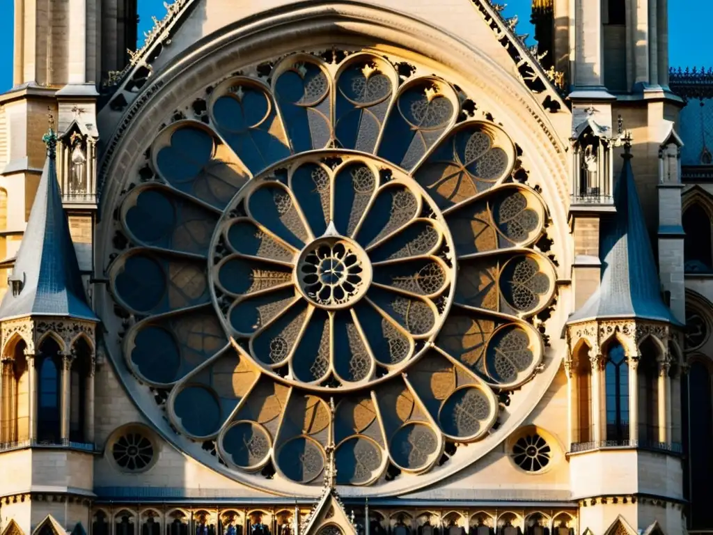 Una imagen de la intrincada fachada de la Catedral de Notre Dame en París, con ventana de rosas, altas agujas y detalles góticos