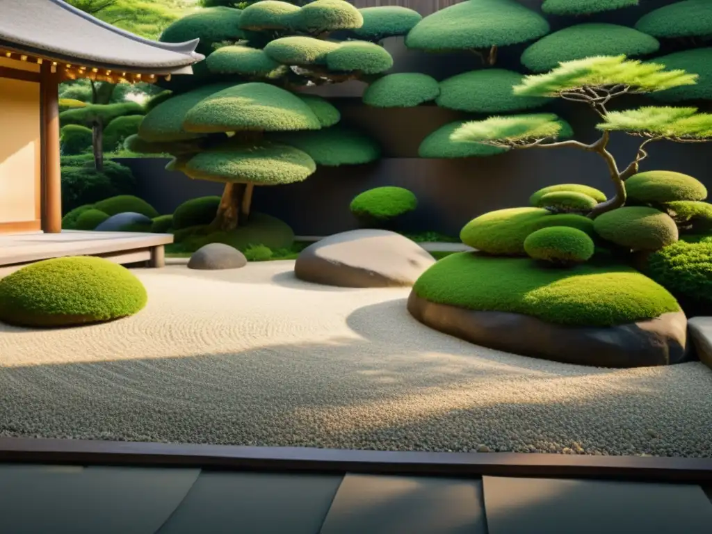 Imagen 8k de jardín zen japonés con arquitectura minimalista y serenidad natural